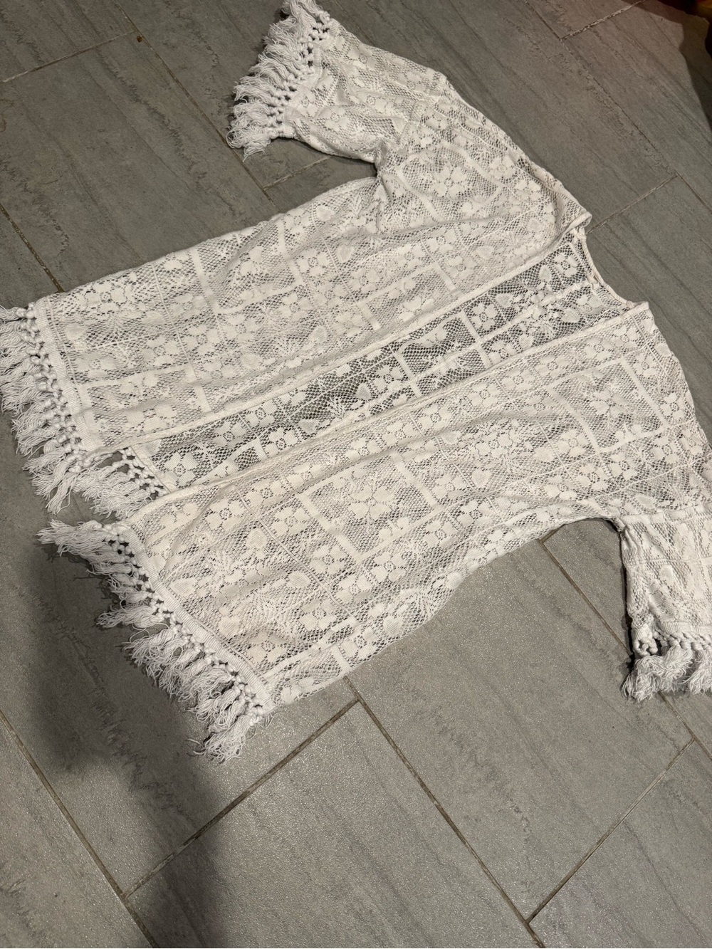 Aerie Swim Beach Crochet Fringe Cover Up Open Shawl Wrap White Size XS Small